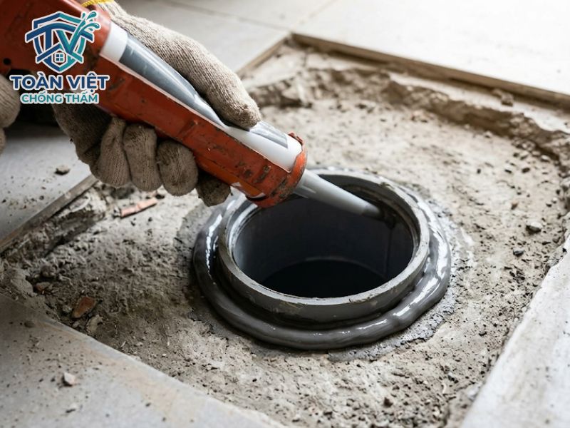 Chống thấm nhà vệ sinh không cần đục gạch có bền không? 8 Bơm keo chuyên dụng bọc kín viền cổ ống xuyên sàn để chặn đứng điểm rò rỉ nước phổ biến nhất