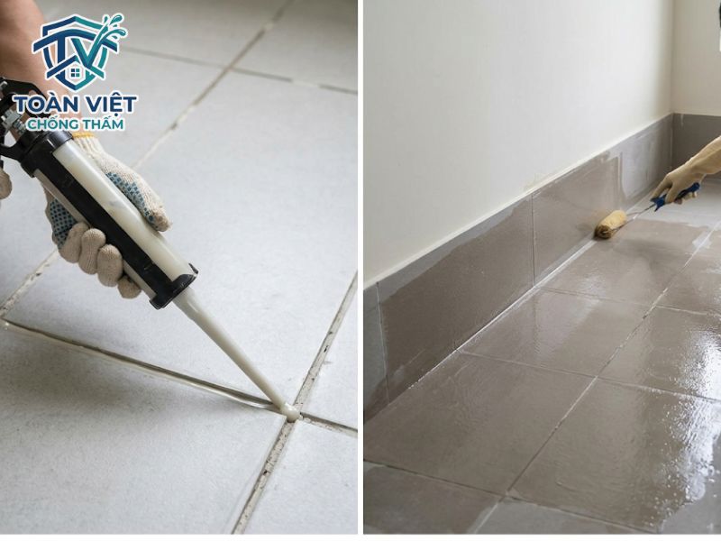 Chống thấm nhà vệ sinh không cần đục gạch có bền không? 9 Bơm keo Epoxy lấp đầy mạch gạch, sau đó phủ 2-3 lớp màng PU trong suốt lên mặt sàn và vén cao lên chân tường 15cm