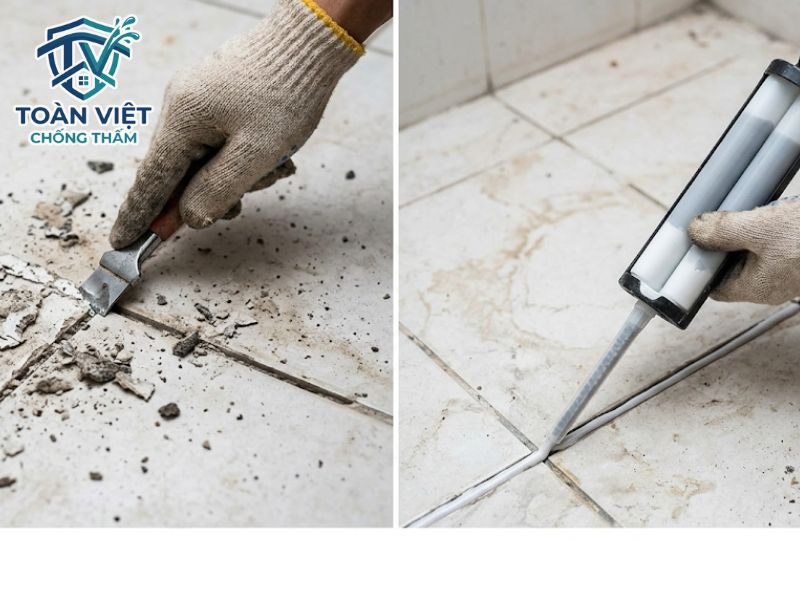 Cách chống thấm nhà vệ sinh cũ không đục gạch, đục nền 2026 3 Nạo bỏ lớp mạch gạch cũ bị mủn và bơm keo chà ron gốc Epoxy để ngăn nước thấm xuống nền