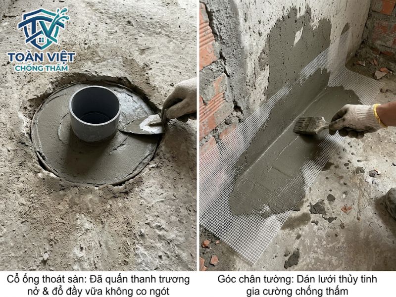 Cách chống thấm nhà vệ sinh cũ không đục gạch, đục nền 2026 6 Đổ vữa rót không co ngót SikaGrout quanh cổ ống xuyên sàn và dán lưới thủy tinh gia cố góc chân tường