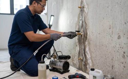 Xử lý chống thấm ngược tường giáp ranh bằng máy bơm keo PU