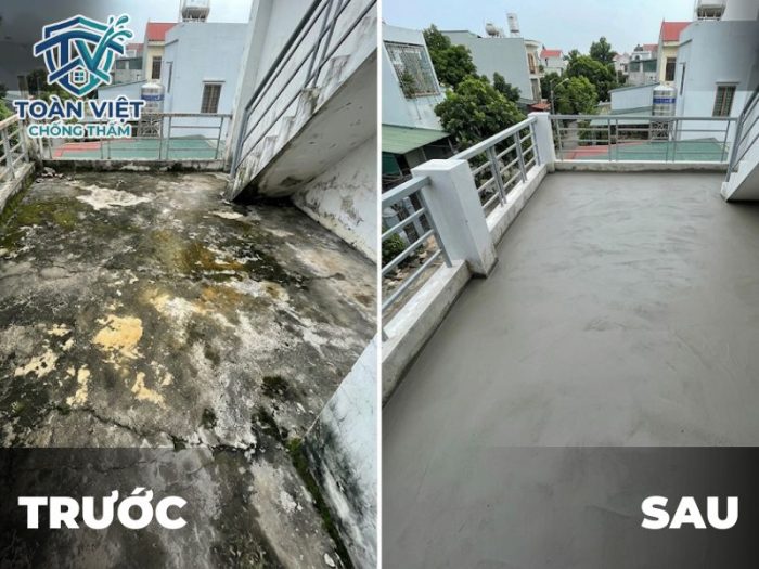 Sân thượng trước và sau khi được xử lý chống thấm bằng nước xi măng