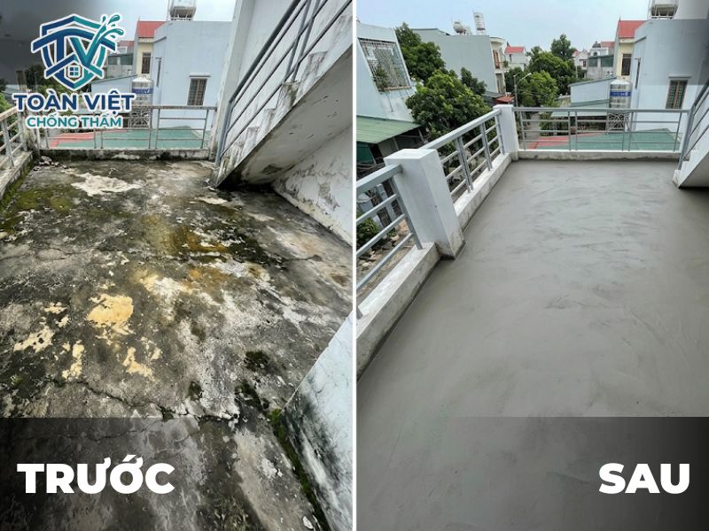 Sân thượng trước và sau khi được xử lý chống thấm bằng nước xi măng