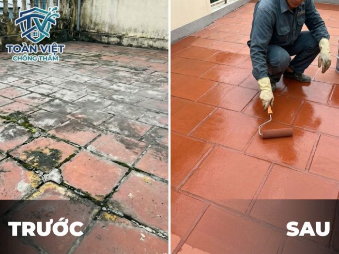 Thi công chống thấm sân thượng đã lát gạch bị nứt vỡ, rêu mốc