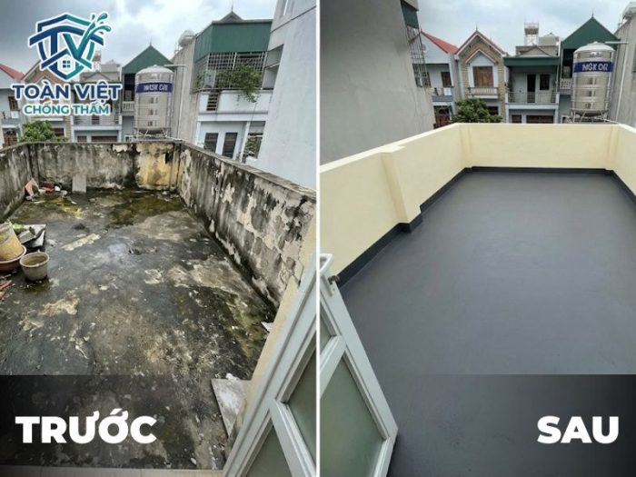 Sân thượng trước và sau khi được xử lý chống thấm triệt để