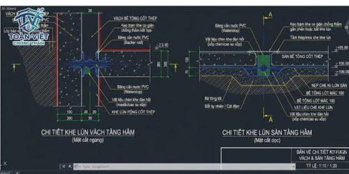 Bản vẽ mặt cắt khe lún tầng hầm và vị trí lắp đặt băng cản nước
