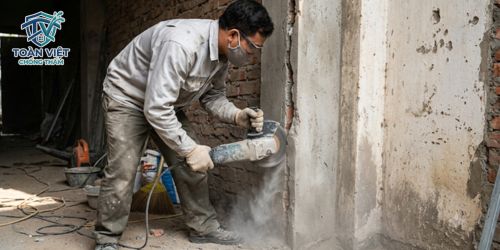 Dùng máy mài cắt tạo rãnh chuẩn và vệ sinh sạch bụi bẩn bề mặt khe tiếp giáp trước khi bơm keo
