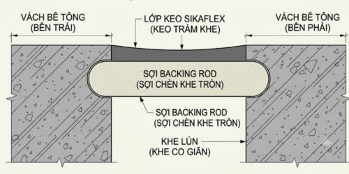 Sơ đồ mặt cắt minh họa xốp chèn khe giúp keo Sikaflex chỉ bám dính 2 mặt, chống đứt gãy khi lún lệch