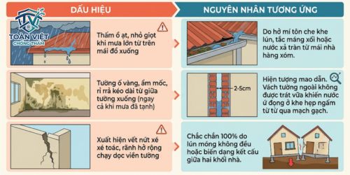 Bảng đối chiếu nhanh giúp bạn tự chẩn đoán nguyên nhân thấm tường vách 2 nhà