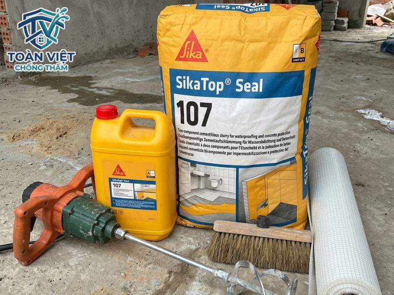 Bộ vữa chống thấm 2 thành phần Sikatop Seal 107 (25kg) và các dụng cụ thi công tiêu chuẩn