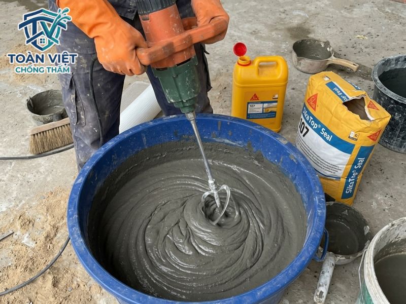Trộn đều thành phần A và B của Sika 107 bằng máy khuấy tốc độ thấp trong 3 - 5 phút đến khi hỗn hợp sệt mịn