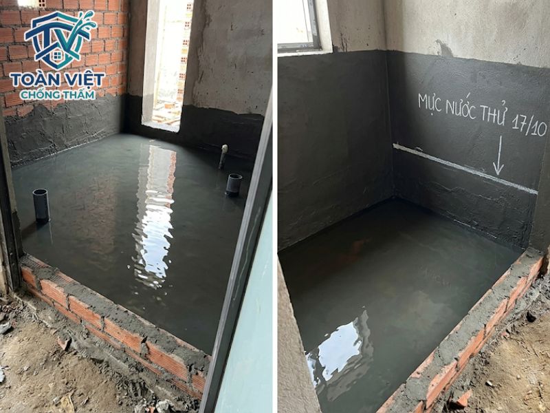 Ngâm thử nước toàn bộ sàn nhà vệ sinh trong 24 giờ để kiểm tra độ kín nước trước khi cán vữa lát gạch