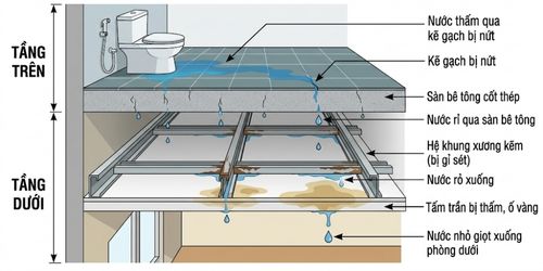 Trần thạch cao dột nước: Dấu hiệu sập trần và 4 bước xử lý 3 Thấm dột từ sàn nhà vệ sinh tầng trên là nguyên nhân phổ biến gây hỏng trần